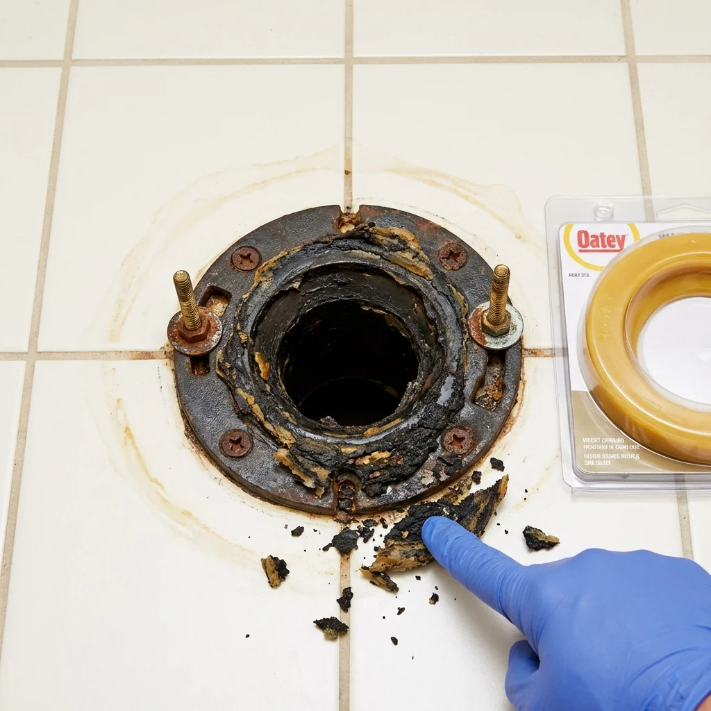 Failed wax ring showing water seepage at the base of a toilet in a Sparta, MO home